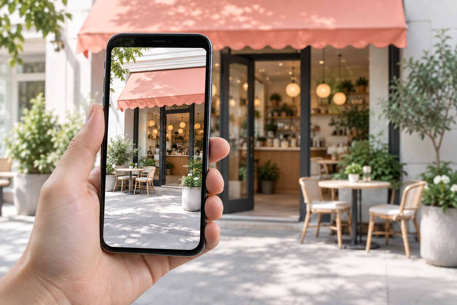 Telefon fotografujący wejście do lokalu z jasną witryną i markizą