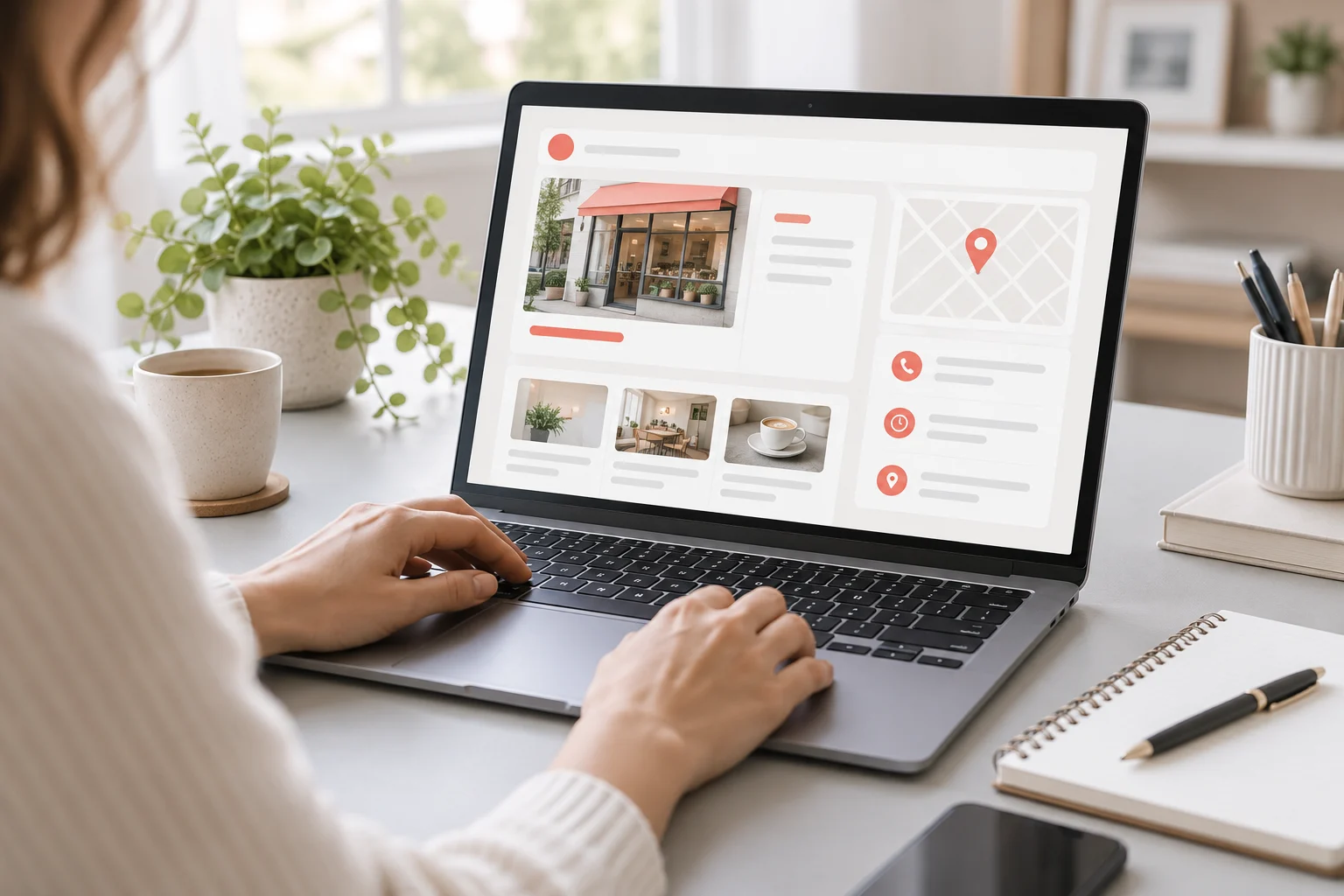 Praca przy laptopie nad informacjami i materiałami lokalnej firmy