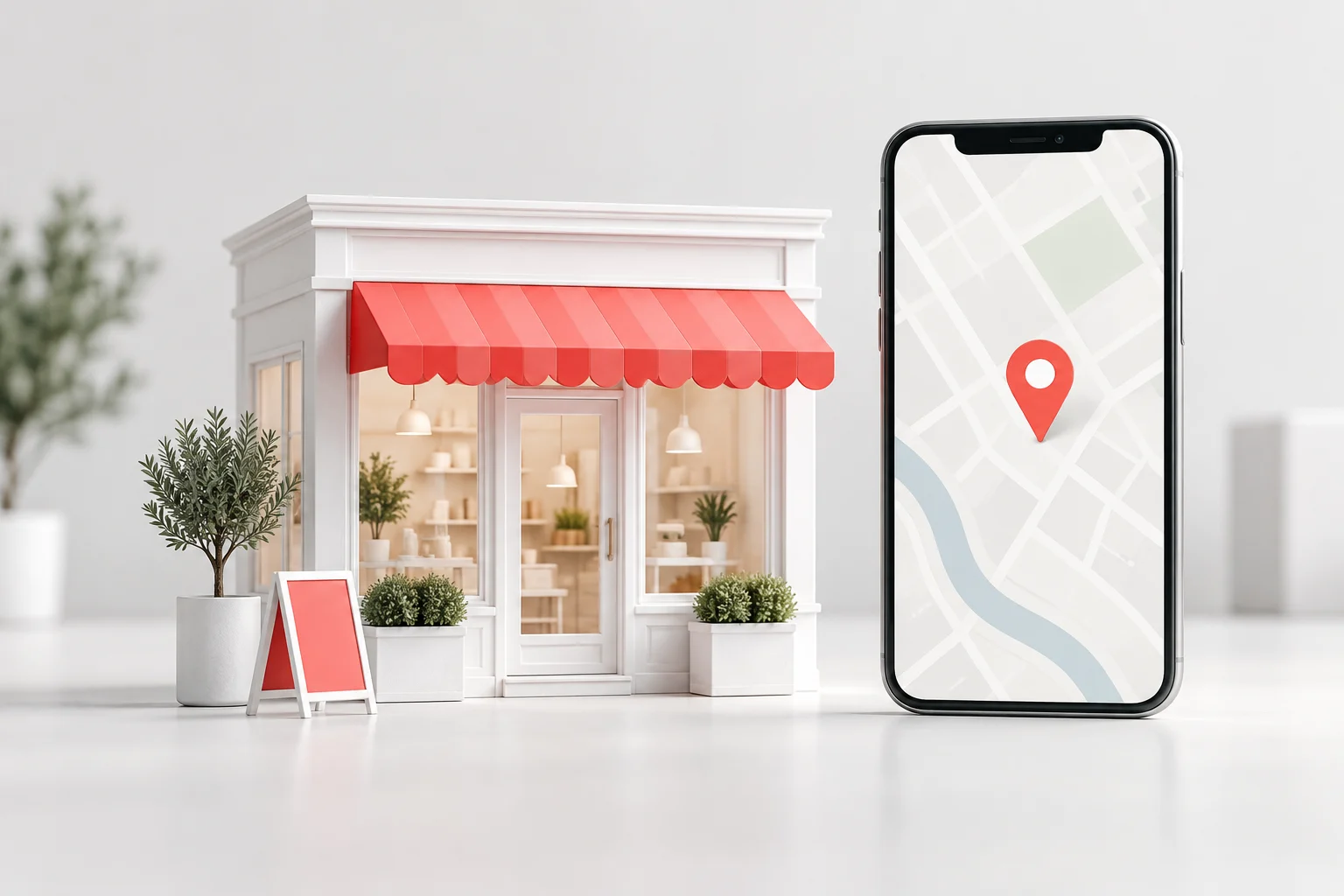 Ilustracja lokalnej firmy i telefonu z mapą oraz znacznikiem lokalizacji